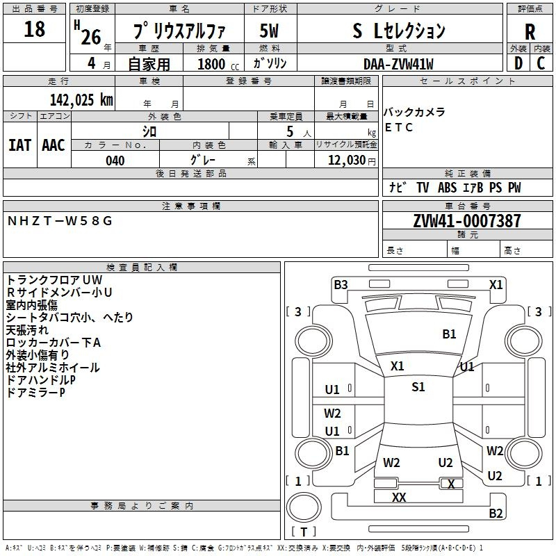 Аукционный лист TOYOTA PRIUS ALPHA 2014