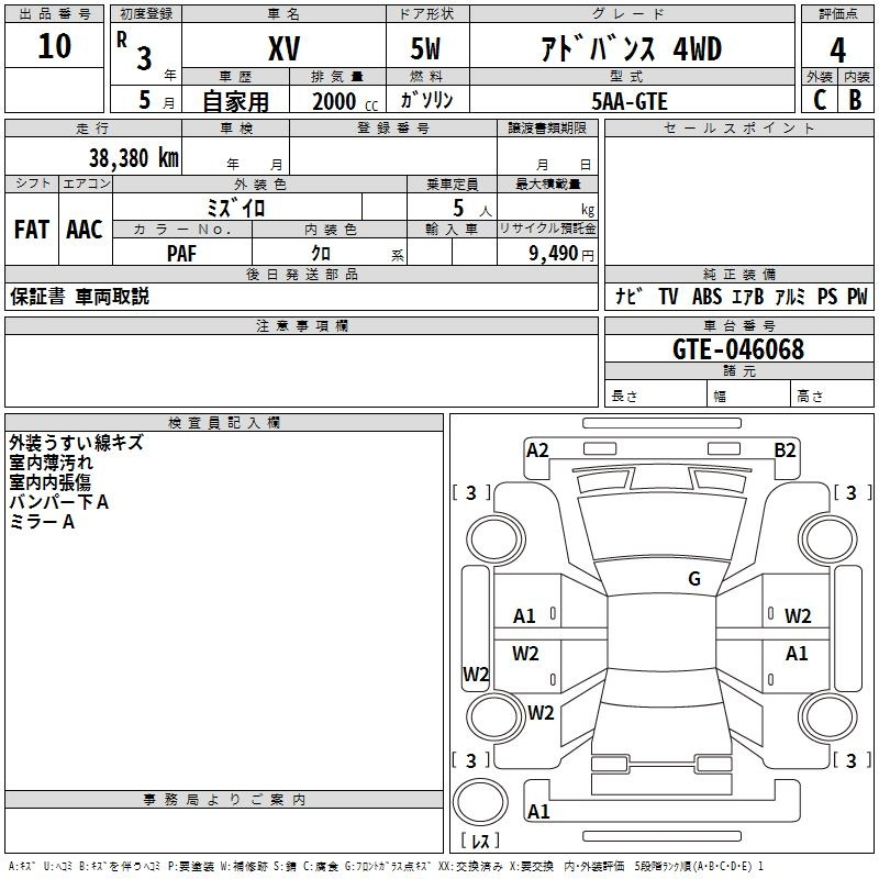 Аукционный лист SUBARU XV 2021