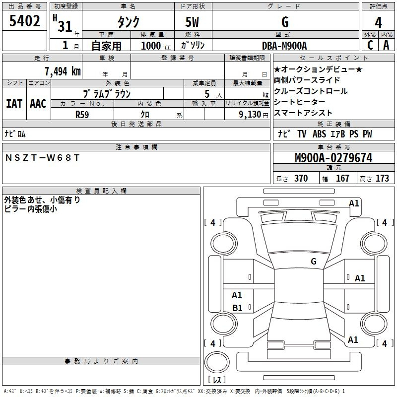 Аукционный лист TOYOTA TANK 2019