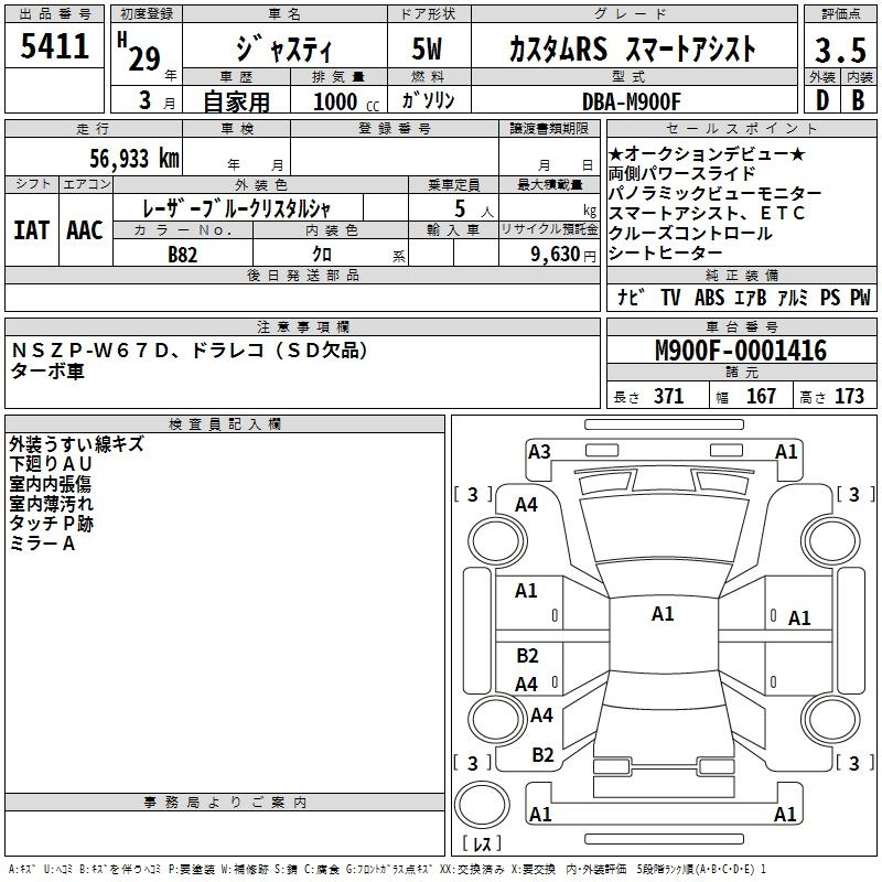Аукционный лист SUBARU JUSTY 2017