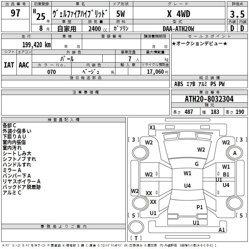 Аукционный лист TOYOTA VELLFIRE 2013