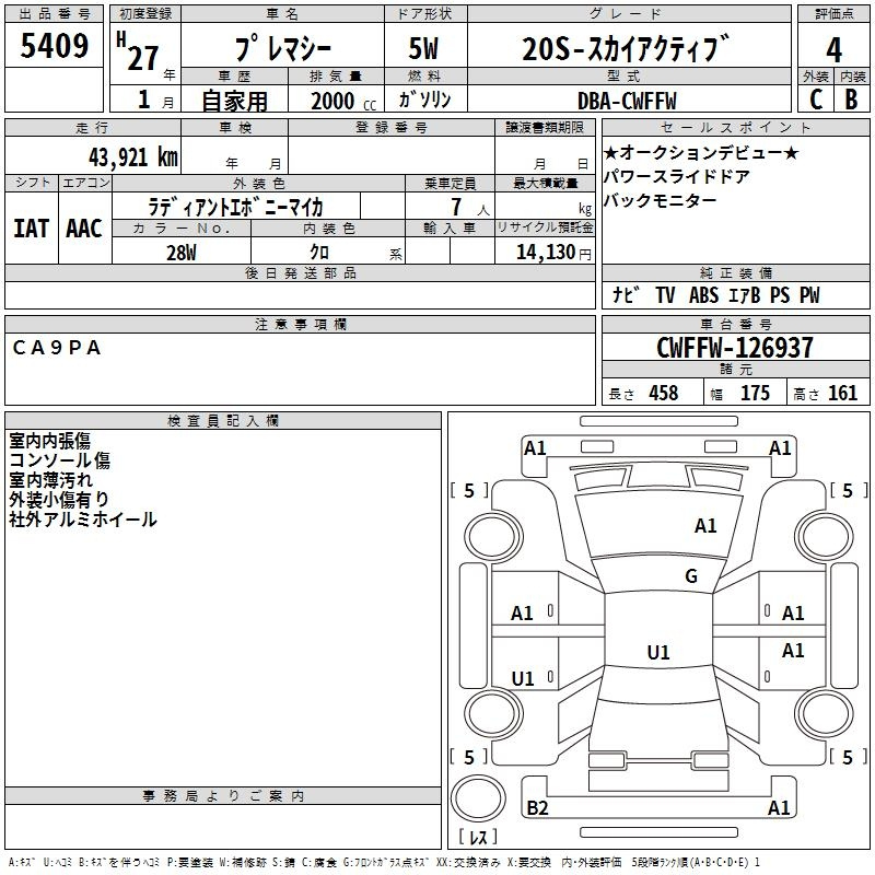 Аукционный лист MAZDA PREMACY 2015