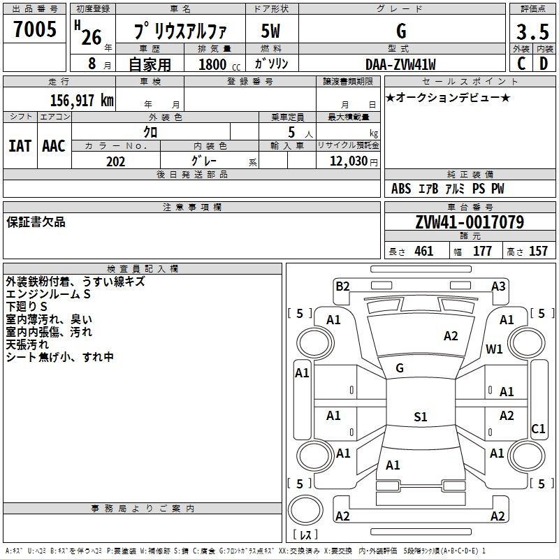 Аукционный лист TOYOTA PRIUS ALPHA 2014