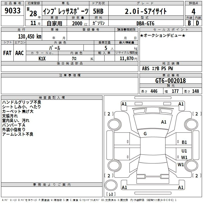 Аукционный лист SUBARU IMPREZA 2016