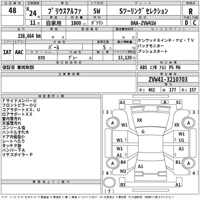 Аукционный лист TOYOTA PRIUS ALPHA 2012
