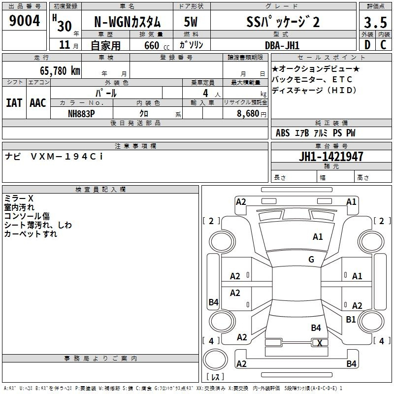 Аукционный лист HONDA N WGN 2018