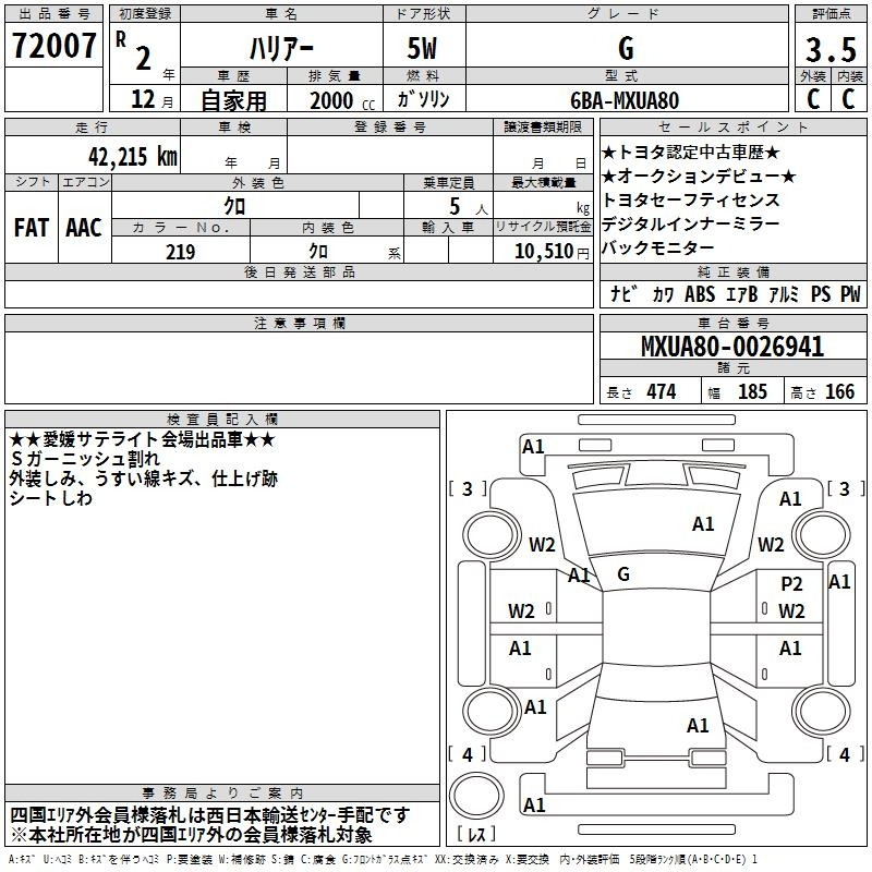 Аукционный лист TOYOTA HARRIER 2020