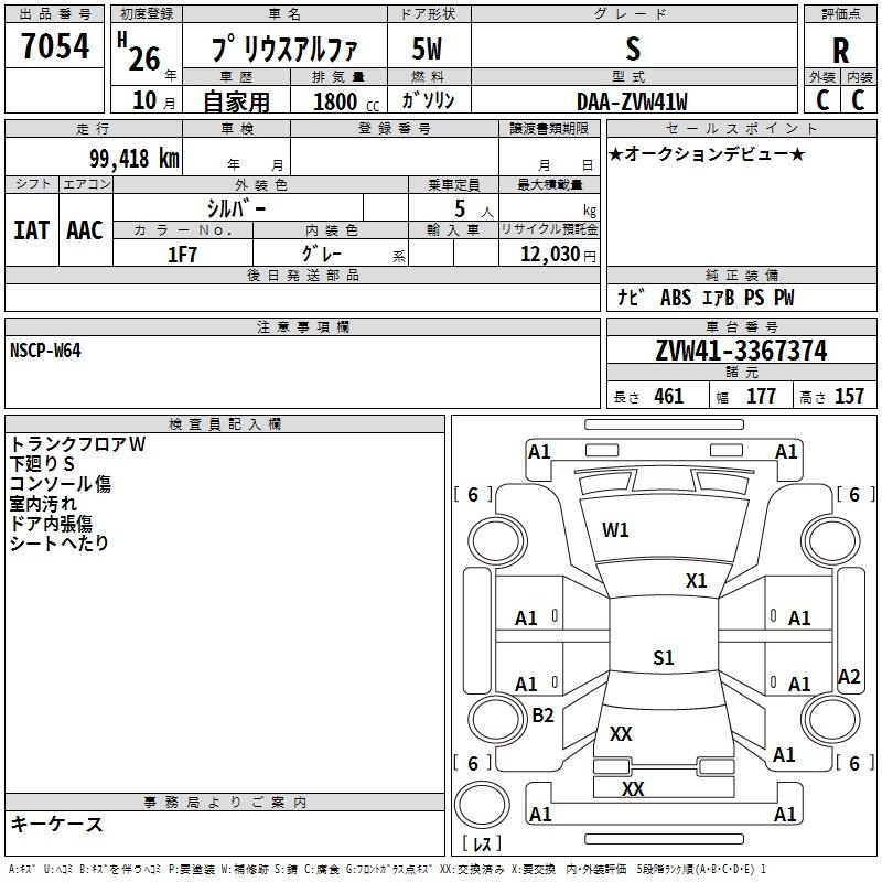 Аукционный лист TOYOTA PRIUS ALPHA 2014