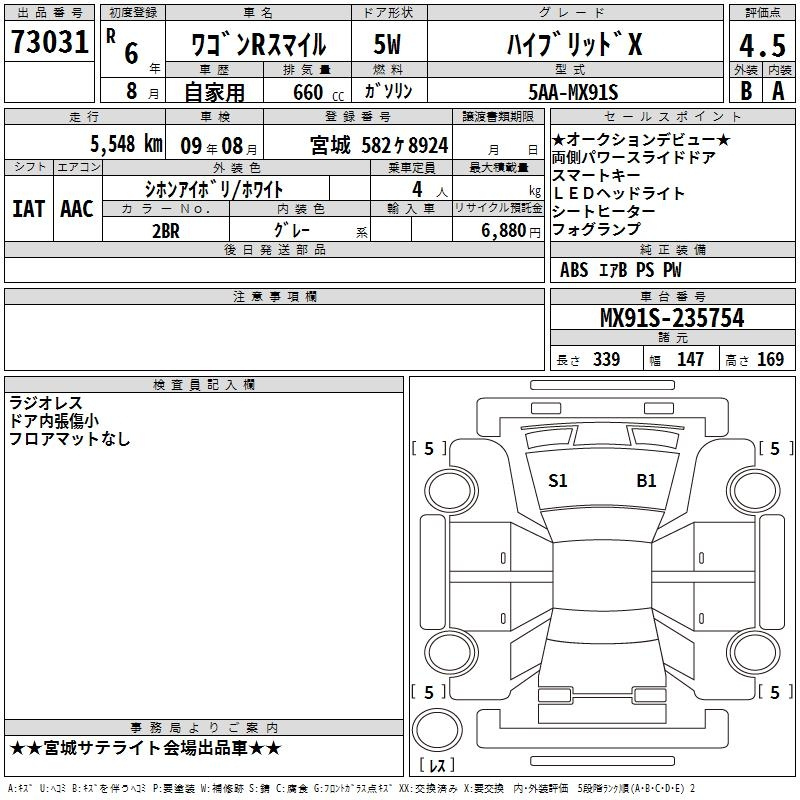 Аукционный лист SUZUKI WAGON R SMILE 2024