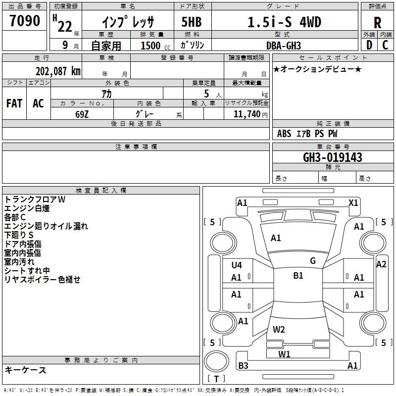 Аукционный лист SUBARU IMPREZA 2010