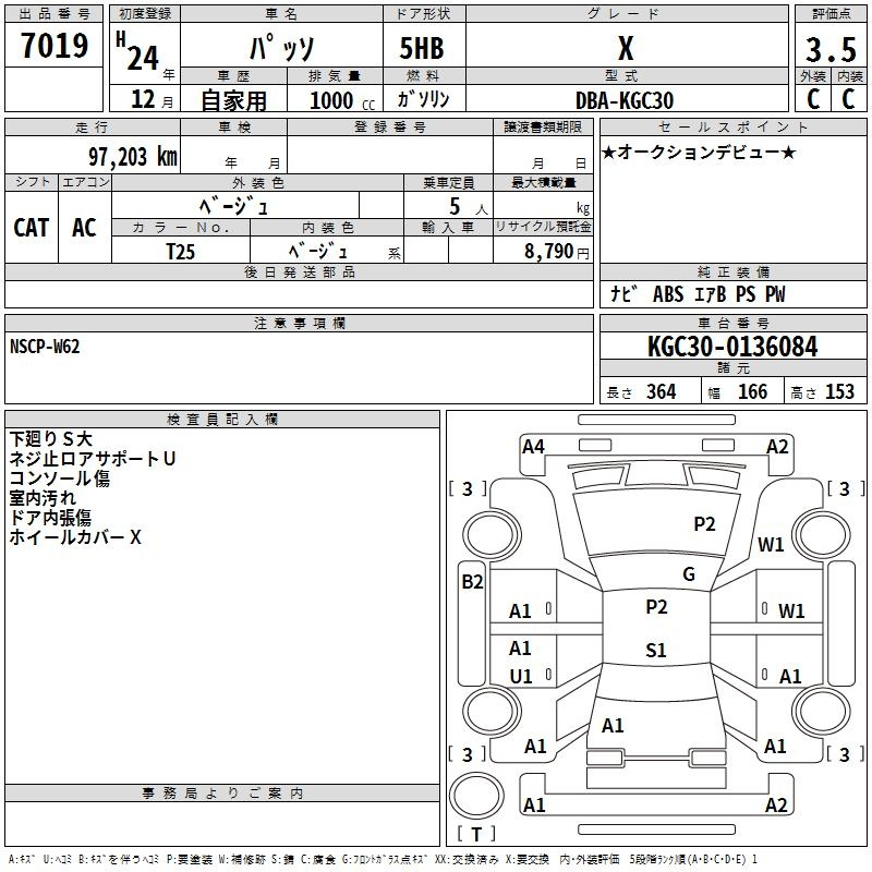 Аукционный лист TOYOTA PASSO 2012