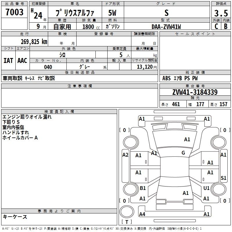 Аукционный лист TOYOTA PRIUS ALPHA 2012