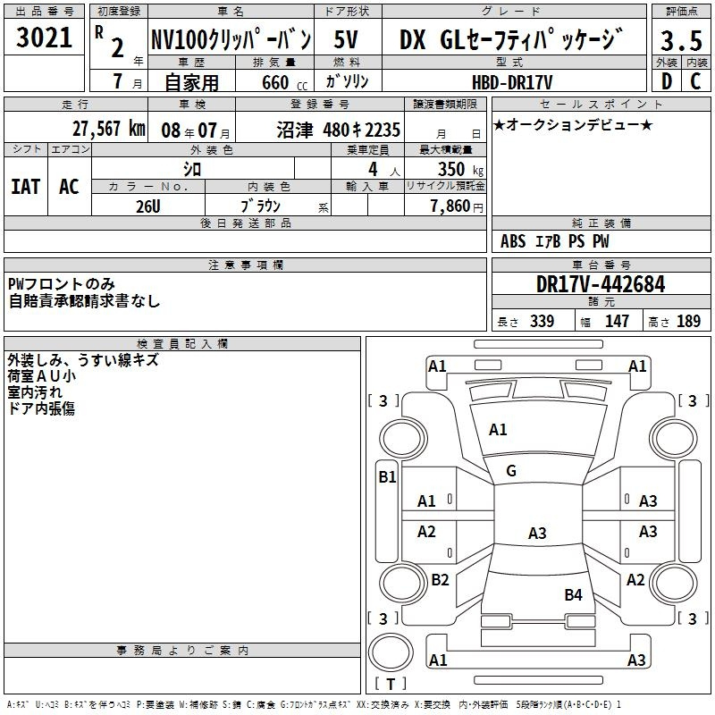 Аукционный лист NISSAN CLIPPER VAN 2020