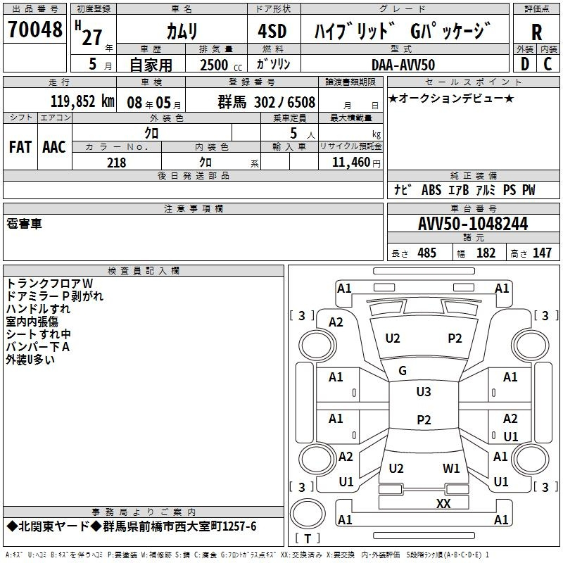 Аукционный лист TOYOTA CAMRY 2015
