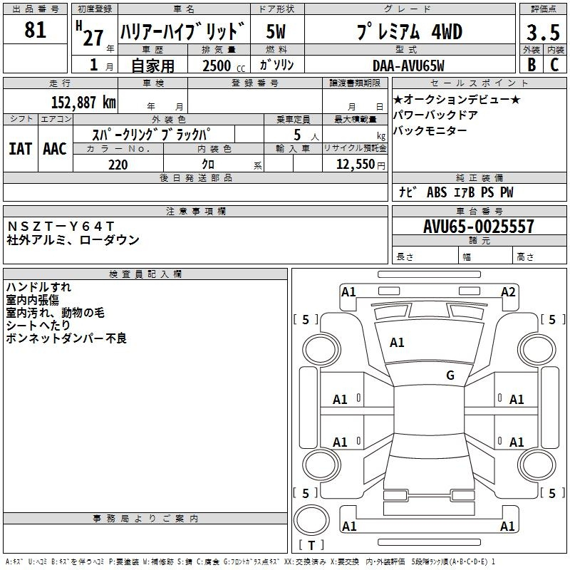 Аукционный лист TOYOTA HARRIER 2015