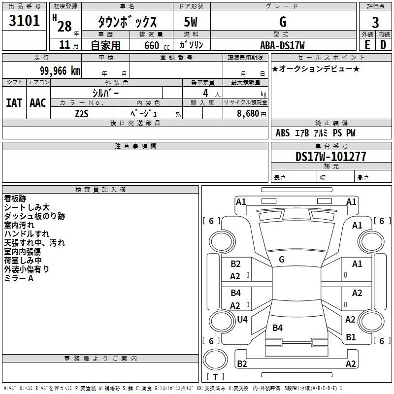 Аукционный лист MITSUBISHI TOWNBOX 2016