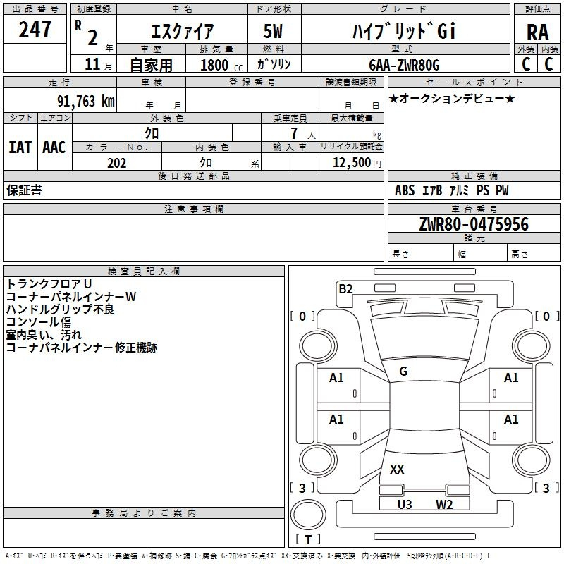 Аукционный лист TOYOTA ESQUIRE 2020