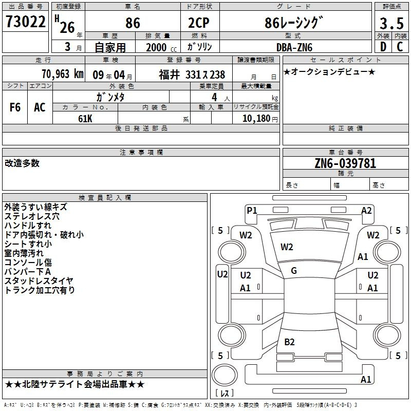 Аукционный лист TOYOTA 86 2014