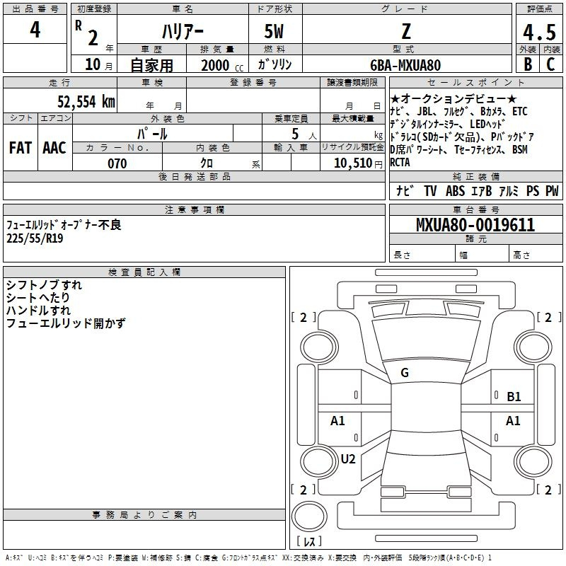 Аукционный лист TOYOTA HARRIER 2020