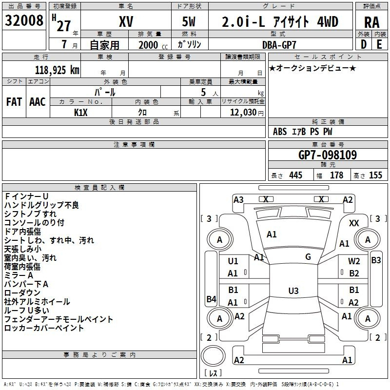 Аукционный лист SUBARU XV 2015