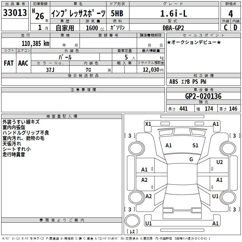 Аукционный лист SUBARU IMPREZA 2014