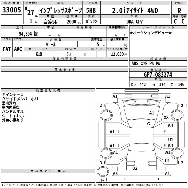 Аукционный лист SUBARU IMPREZA 2015