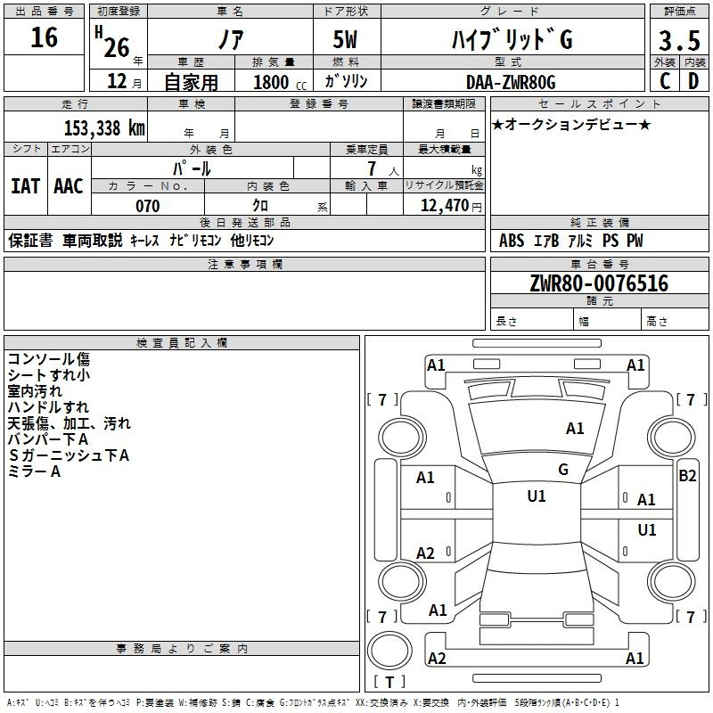 Аукционный лист TOYOTA NOAH 2014
