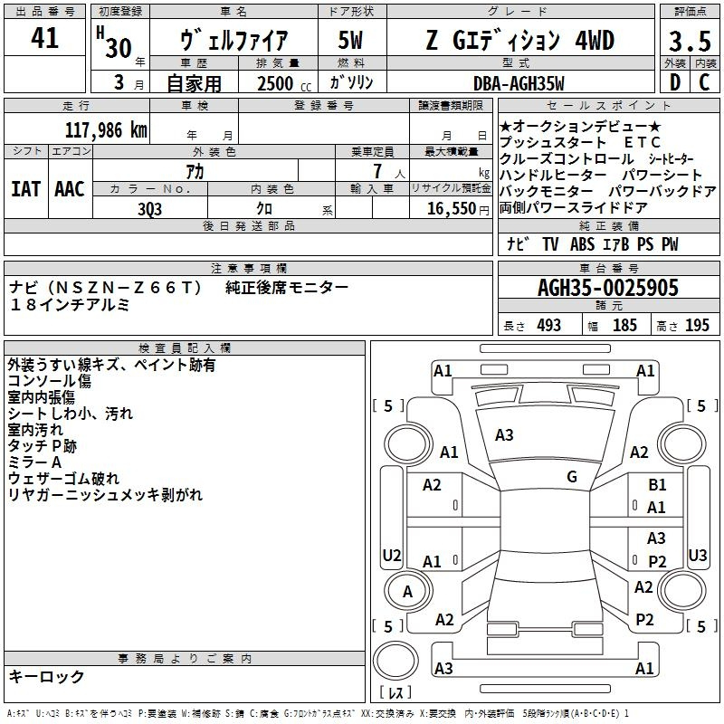 Аукционный лист TOYOTA VELLFIRE 2018