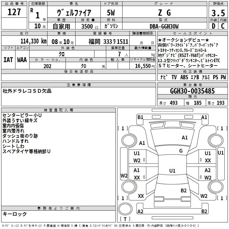Аукционный лист TOYOTA VELLFIRE 2019