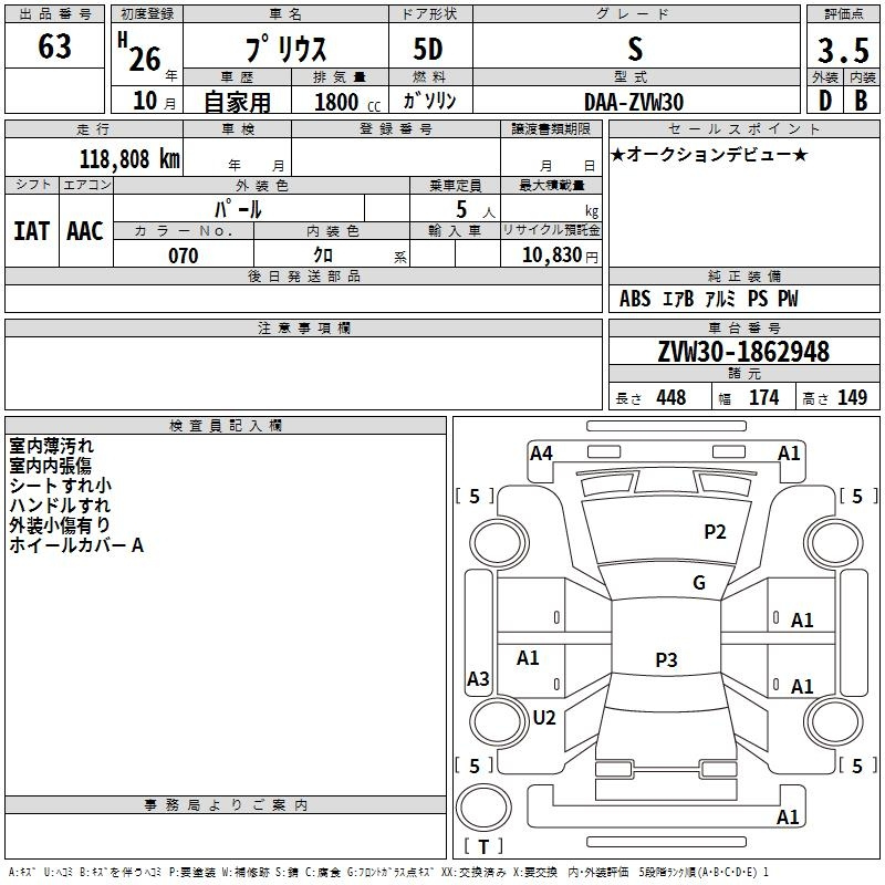 Аукционный лист TOYOTA PRIUS 2014