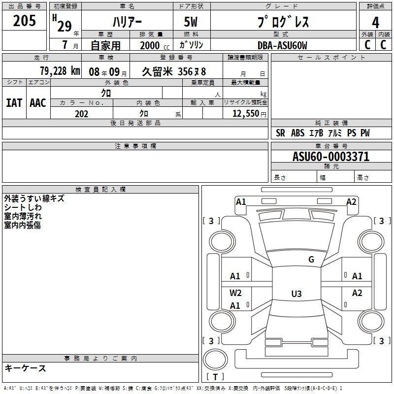 Аукционный лист TOYOTA HARRIER 2017