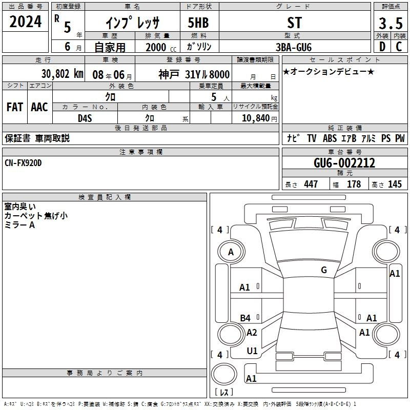 Аукционный лист SUBARU IMPREZA 2023