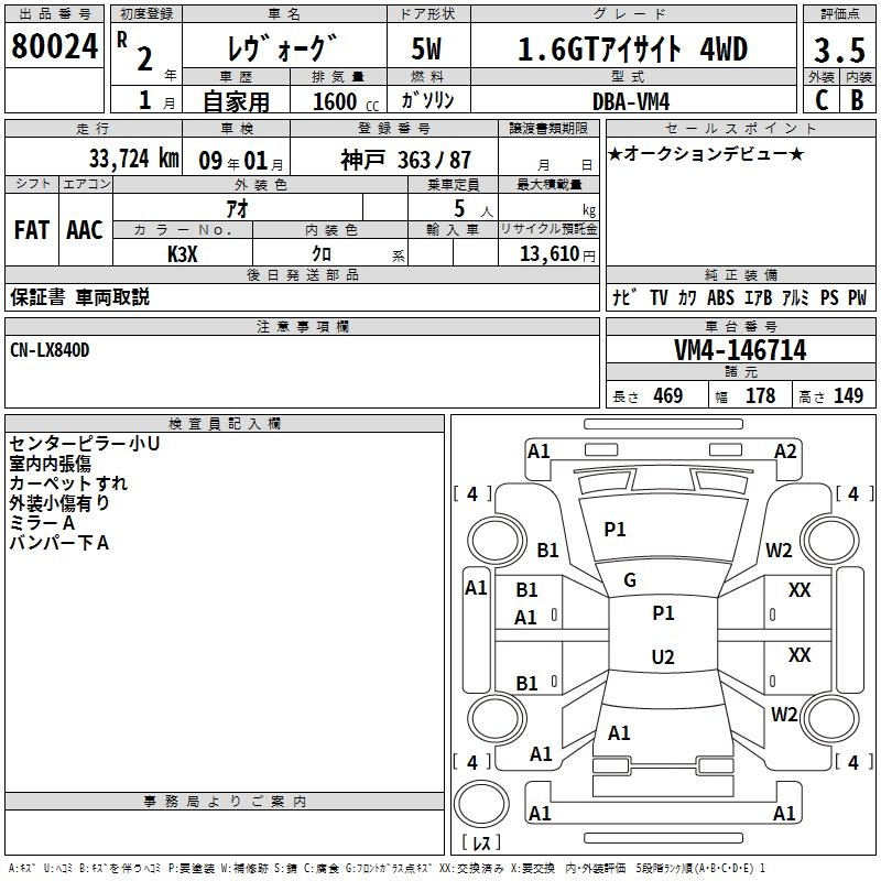 Аукционный лист SUBARU LEVORG 2020