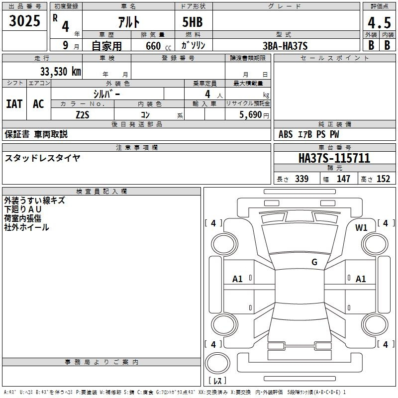 Аукционный лист SUZUKI ALTO 2022
