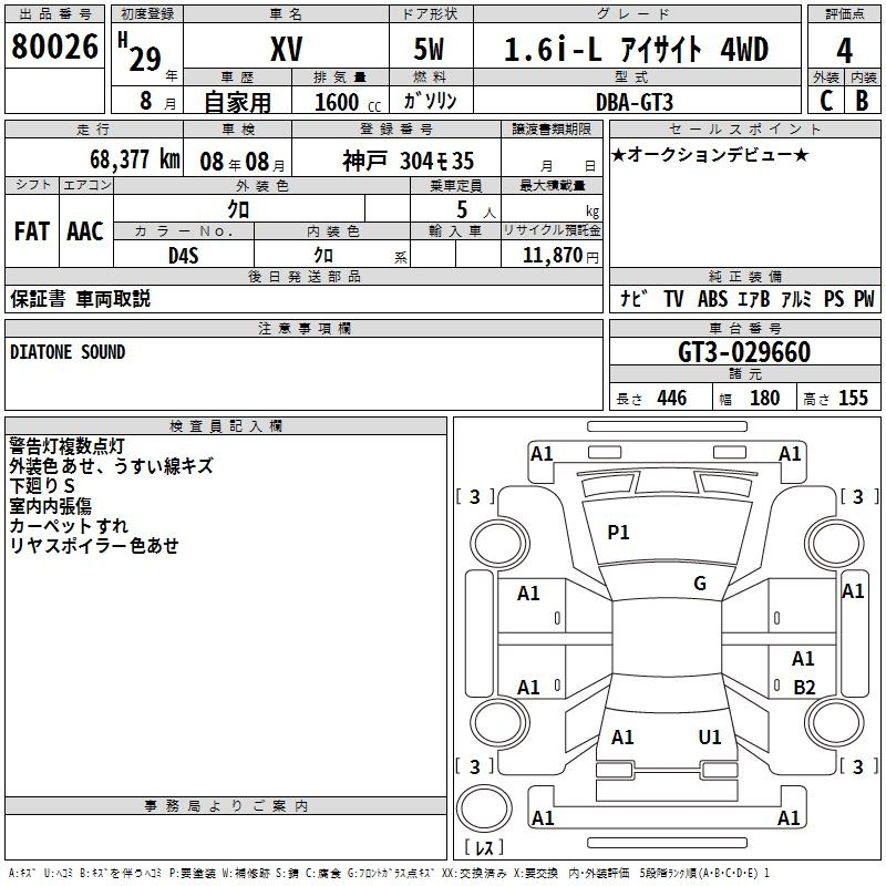 Аукционный лист SUBARU XV 2017