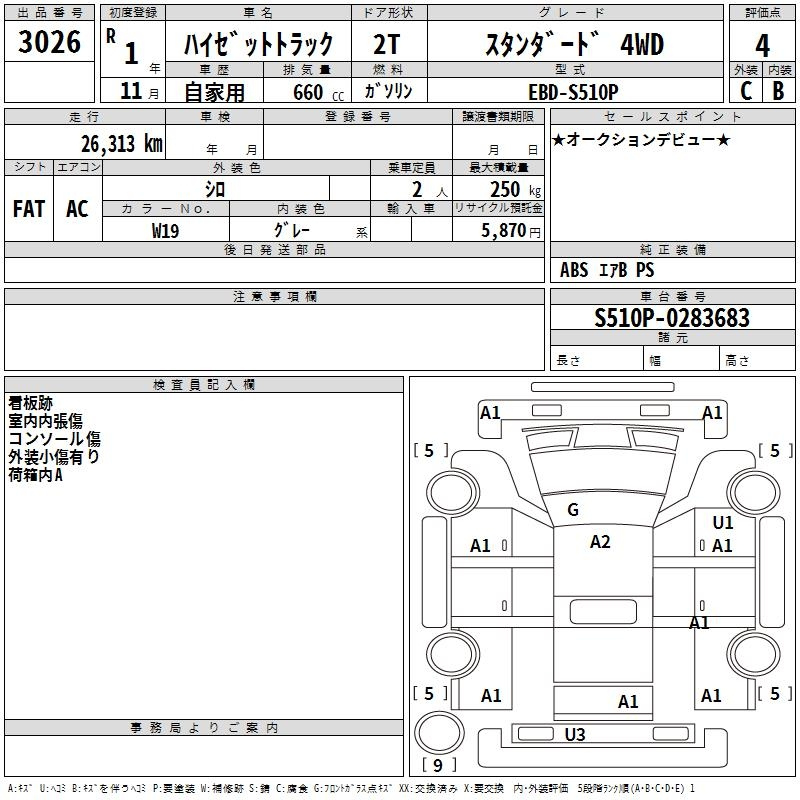 Аукционный лист DAIHATSU HIJET TRUCK 2019