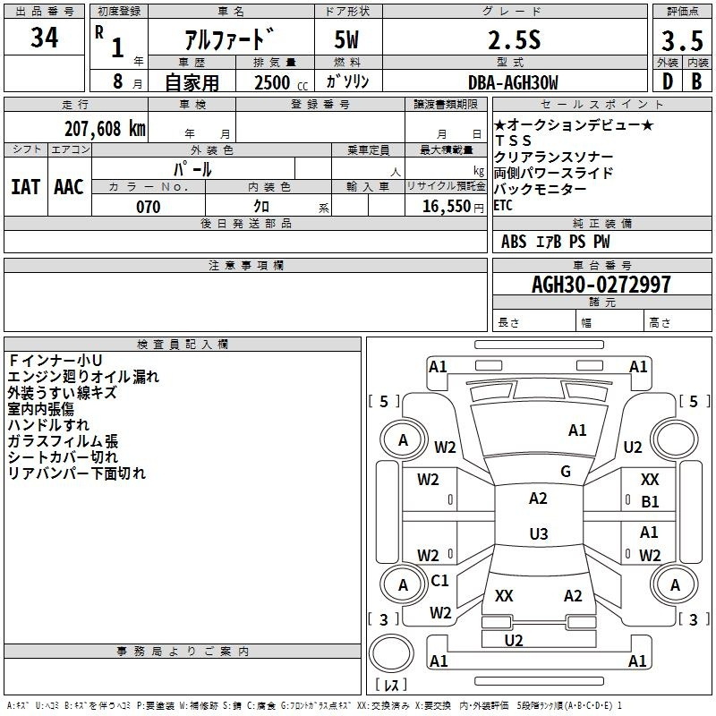 Аукционный лист TOYOTA ALPHARD 2019
