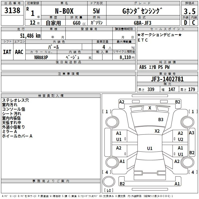 Аукционный лист HONDA N BOX 2019