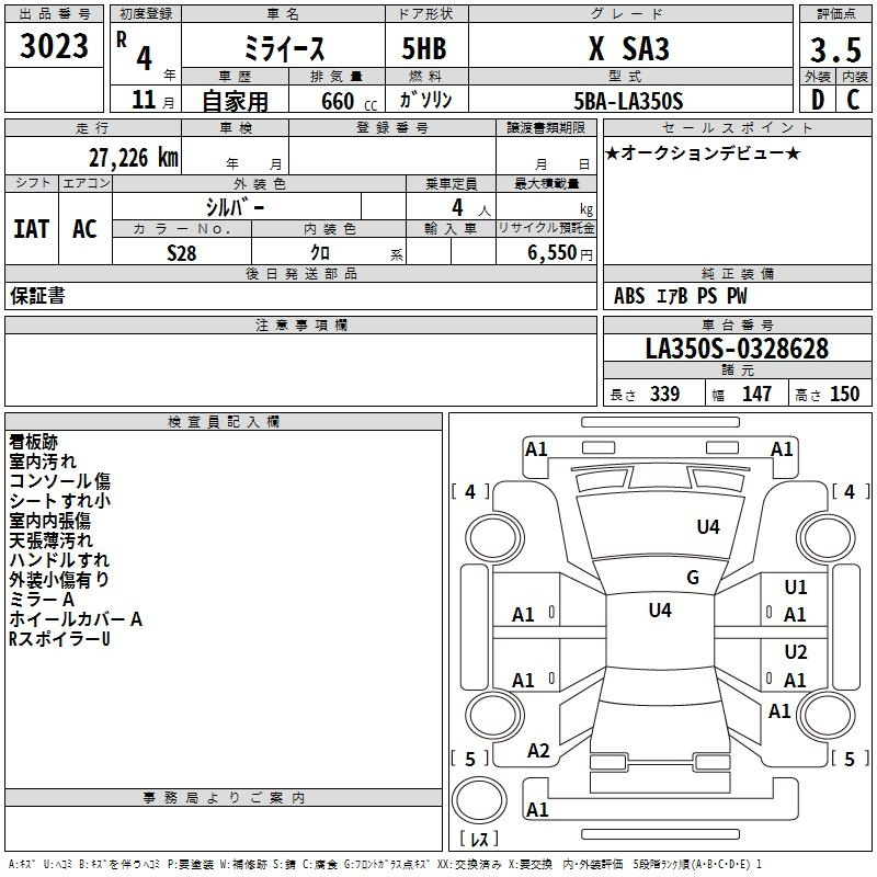 Аукционный лист DAIHATSU MIRA E S 2022