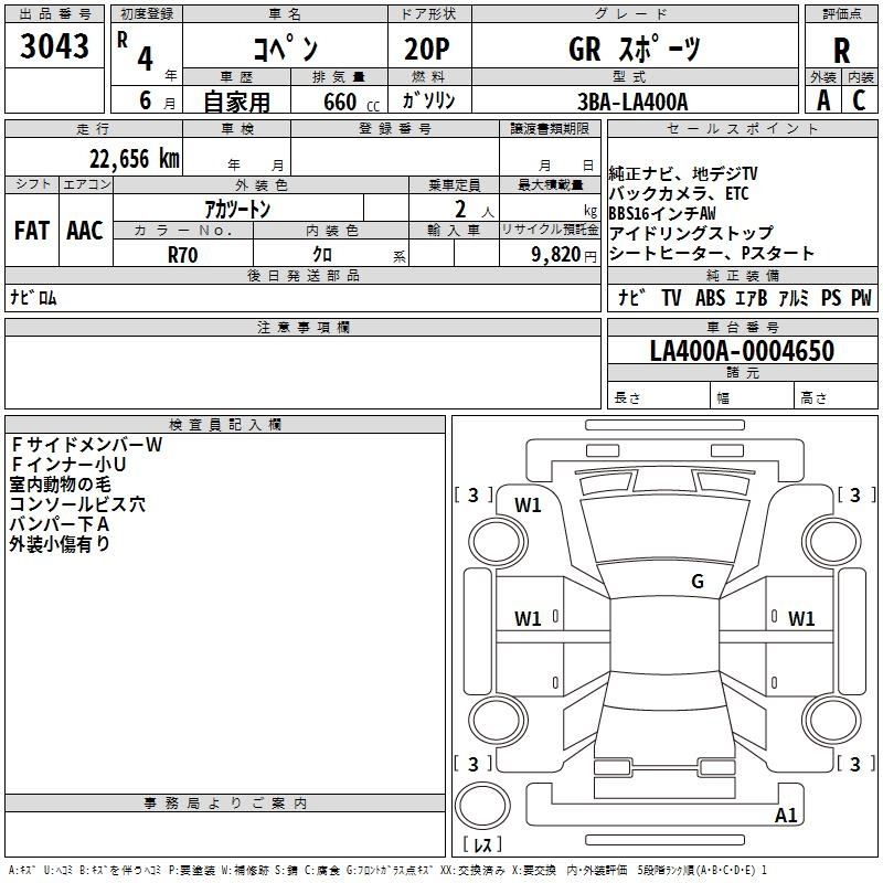 Аукционный лист TOYOTA COPEN 2022