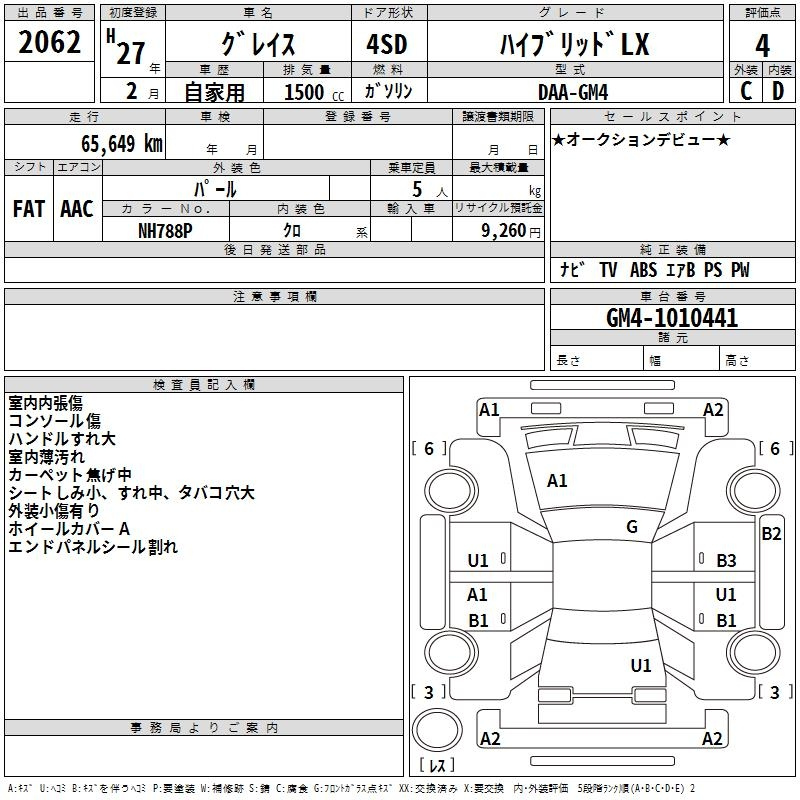 Аукционный лист HONDA GRACE 2015