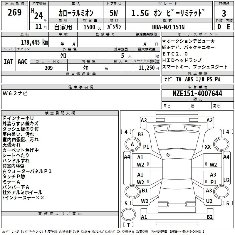 Аукционный лист TOYOTA COROLLA RUMION 2012