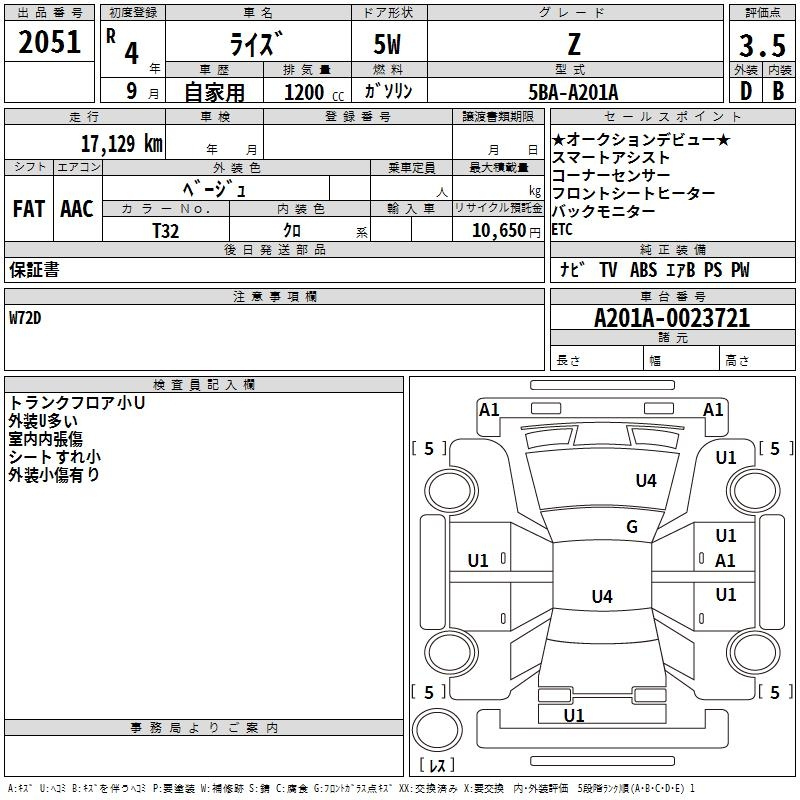Аукционный лист TOYOTA RAIZE 2022