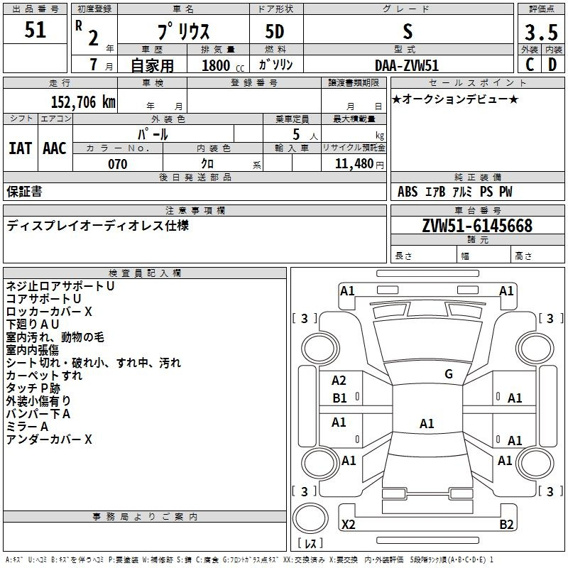 Аукционный лист TOYOTA PRIUS 2020