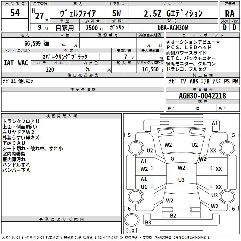 Аукционный лист TOYOTA VELLFIRE 2015