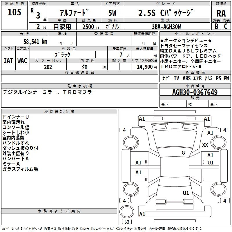 Аукционный лист TOYOTA ALPHARD 2021