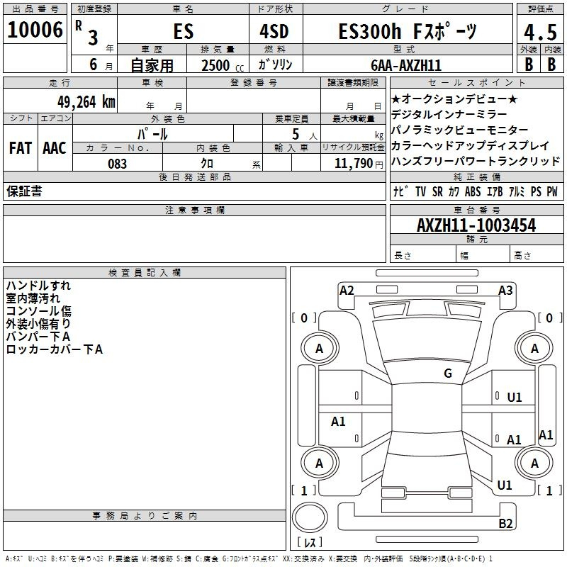 Аукционный лист LEXUS ES 2021
