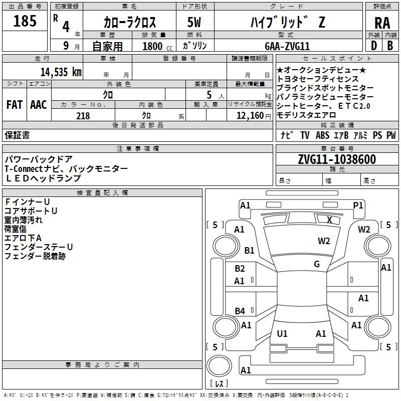 Аукционный лист TOYOTA COROLLA CROSS 2022
