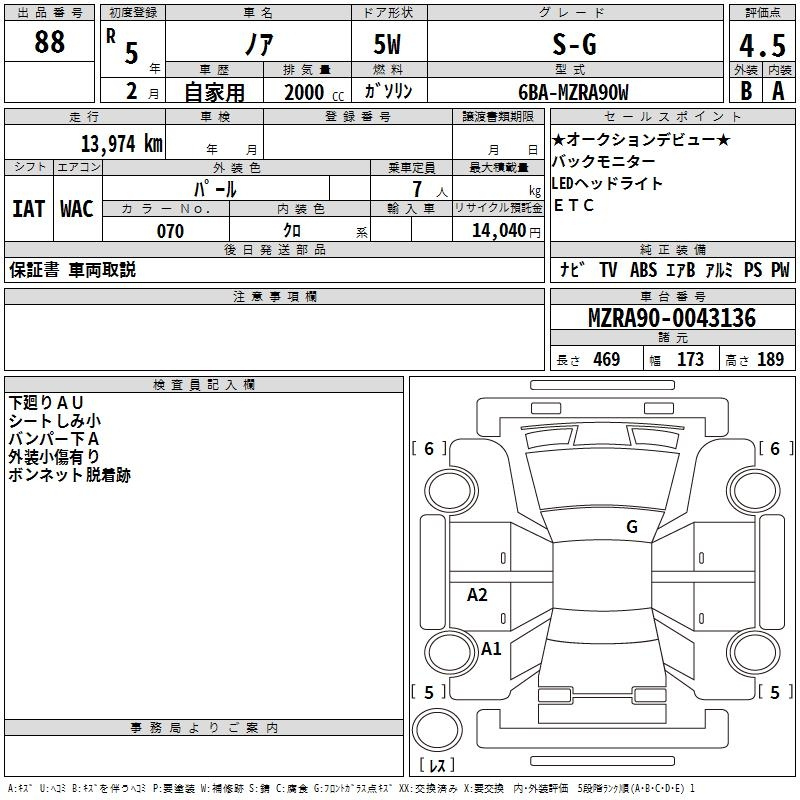 Аукционный лист TOYOTA NOAH 2023