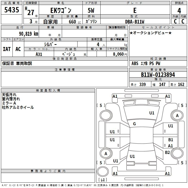 Аукционный лист MITSUBISHI EK WAGON 2015